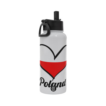 Poland flag, Metal mug thermo White with Straw and Spout Lid (Stainless steel), double wall, 950ml