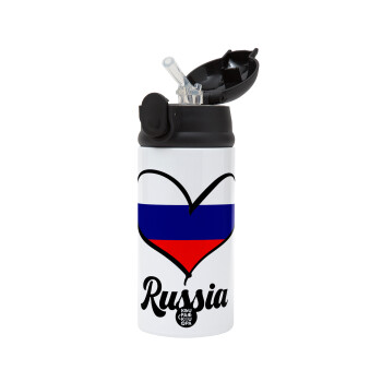 Russia flag, Children's hot water bottle, stainless steel, with safety straw, Black (360ml) BPA-FREE