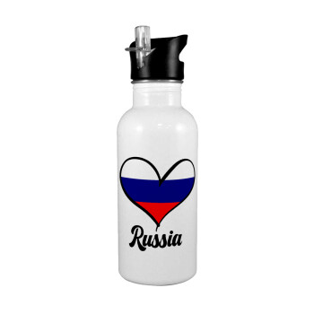 Russia flag, White water bottle with straw, stainless steel 600ml