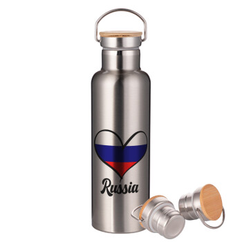 Russia flag, Stainless steel Silver with wooden lid (bamboo), double wall, 750ml