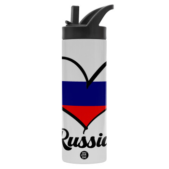 Russia flag, Metallic thermos bottle with straw & handle, stainless steel (Stainless steel 304), double-walled, 600ml.