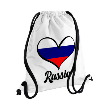 Russia flag, Τσάντα πλάτης πουγκί GYMBAG λευκή, με τσέπη (40x48cm) & χονδρά κορδόνια