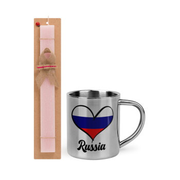 Russia flag, Easter Set, metallic thermal cup (300ml) & aromatic flat Easter candle (30cm) (PINK)