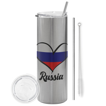 Russia flag, Eco friendly stainless steel Silver tumbler 600ml, with metal straw & cleaning brush