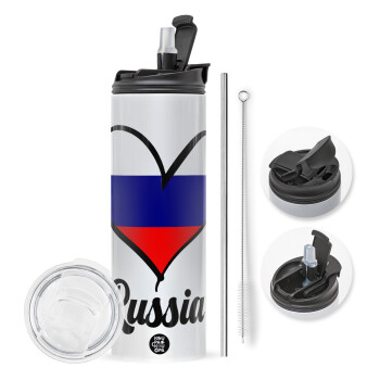 Russia flag, Travel Tumbler θερμό με διπλό καπάκι, μεταλλικό καλαμάκι και βούρτσα καθαρισμού (Ανωξείδωτο 304 Food grade, BPA free, 600ml)