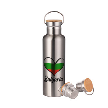 Bulgaria flag, Μεταλλικό παγούρι θερμός (Stainless steel) Ασημένιο με ξύλινο καπακι (bamboo), διπλού τοιχώματος, 750ml