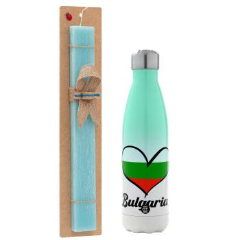 Bulgaria flag, Easter Set, Metallic green/white thermos (Stainless steel), double-walled, 500ml & scented flat Easter candle (30cm) (TURQUOISE)