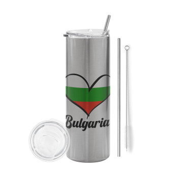 Bulgaria flag, Eco friendly ποτήρι θερμό Ασημένιο (tumbler) από ανοξείδωτο ατσάλι 600ml, με μεταλλικό καλαμάκι & βούρτσα καθαρισμού