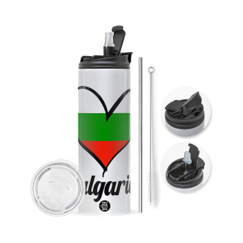 Bulgaria flag, Travel Tumbler θερμό με διπλό καπάκι, μεταλλικό καλαμάκι και βούρτσα καθαρισμού (Ανωξείδωτο 304 Food grade, BPA free, 600ml)