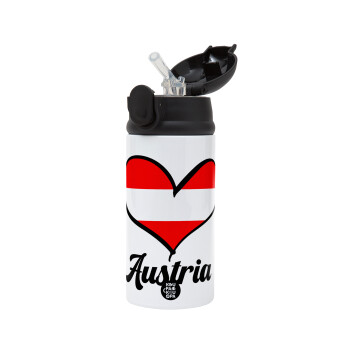 Austria flag, Children's hot water bottle, stainless steel, with safety straw, Black (360ml) BPA-FREE