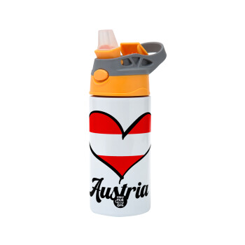 Austria flag, Children's hot water bottle, stainless steel, with safety straw, Orange/Grey (360ml) BPA-FREE