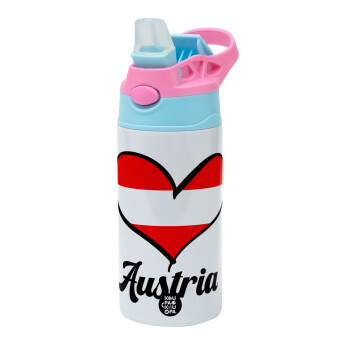 Austria flag, Children's hot water bottle, stainless steel, with safety straw, Pink/BlueCiel (360ml) BPA FREE