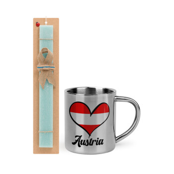 Austria flag, Easter Set, metallic thermal cup (300ml) & aromatic flat Easter candle (30cm) (TURQUOISE)