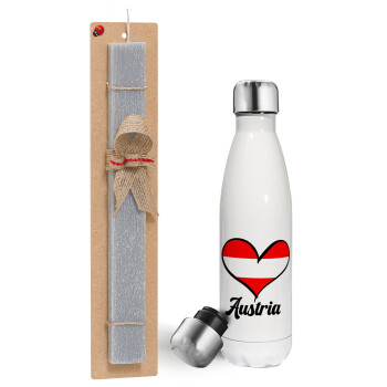 Austria flag, Easter candle, metallic white thermos bottle (500ml) & aromatic flat candle (30cm) (GRAY)