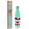 Easter Set, Metallic green/white thermos (Stainless steel), double-walled, 500ml & scented flat Easter candle (30cm) (TURQUOISE)