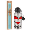 Easter Set, metallic silver aluminum water bottle (500ml) & scented flat Easter candle (30cm) (TURQUOISE)