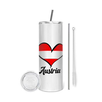 Austria flag, Tumbler ποτήρι θερμό από ανοξείδωτο ατσάλι 600ml, με μεταλλικό καλαμάκι & βούρτσα καθαρισμού