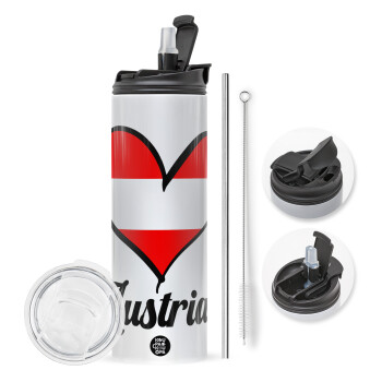 Austria flag, Travel Tumbler θερμό με διπλό καπάκι, μεταλλικό καλαμάκι και βούρτσα καθαρισμού (Ανωξείδωτο 304 Food grade, BPA free, 600ml)