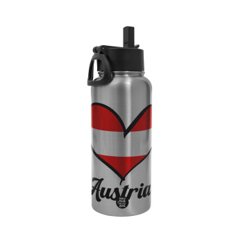 Austria flag, Metal mug thermo Silver with Straw and Spout Lid (Stainless steel), double wall, 950ml