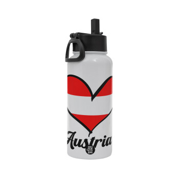 Austria flag, Metal mug thermo White with Straw and Spout Lid (Stainless steel), double wall, 950ml