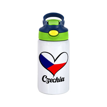 Czechia flag, Children's hot water bottle, stainless steel, with safety straw, green, blue (350ml)