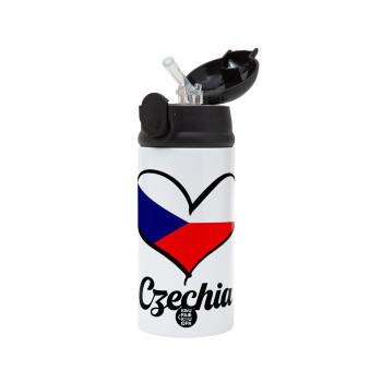 Czechia flag, Children's hot water bottle, stainless steel, with safety straw, Black (360ml) BPA-FREE