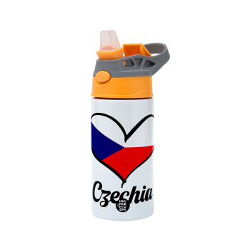 Czechia flag, Children's hot water bottle, stainless steel, with safety straw, Orange/Grey (360ml) BPA-FREE