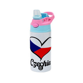 Czechia flag, Children's hot water bottle, stainless steel, with safety straw, Pink/BlueCiel (360ml) BPA FREE