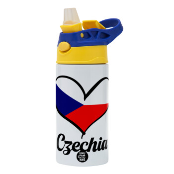 Czechia flag, Children's hot water bottle, stainless steel, with safety straw, green, blue (360ml) BPA FREE