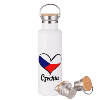 Czechia flag, Stainless steel White with wooden lid (bamboo), double wall, 750ml