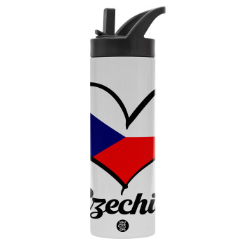 Czechia flag, Metallic thermos bottle with straw & handle, stainless steel (Stainless steel 304), double-walled, 600ml.