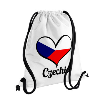 Czechia flag, Τσάντα πλάτης πουγκί GYMBAG λευκή, με τσέπη (40x48cm) & χονδρά κορδόνια