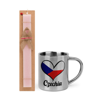 Czechia flag, Easter Set, metallic thermal cup (300ml) & aromatic flat Easter candle (30cm) (PINK)