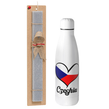 Czechia flag, Easter Set, metallic Inox water bottle (700ml) & Easter scented flat candle (30cm) (GRAY)