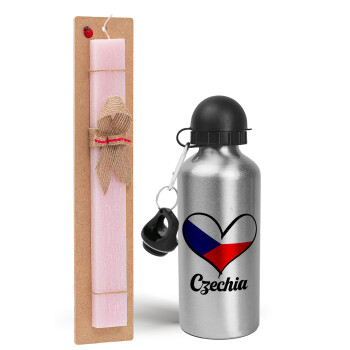 Czechia flag, Easter Set, metallic Silver aluminum water bottle (500ml) & scented flat Easter candle (30cm) (PINK)