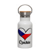 Metallic thermos (Stainless steel) White with wooden lid (bamboo), double-walled, 350ml