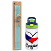 Easter Set, Children's thermal stainless steel bottle with safety straw, green/blue (350ml) & aromatic flat Easter candle (30cm) (TURQUOISE)