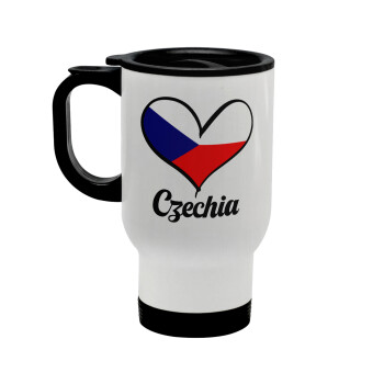 Czechia flag, Stainless steel travel mug with lid, double wall white 450ml