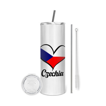 Czechia flag, Eco friendly ποτήρι θερμό (tumbler) από ανοξείδωτο ατσάλι 600ml, με μεταλλικό καλαμάκι & βούρτσα καθαρισμού