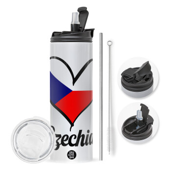 Czechia flag, Travel Tumbler θερμό με διπλό καπάκι, μεταλλικό καλαμάκι και βούρτσα καθαρισμού (Ανωξείδωτο 304 Food grade, BPA free, 600ml)