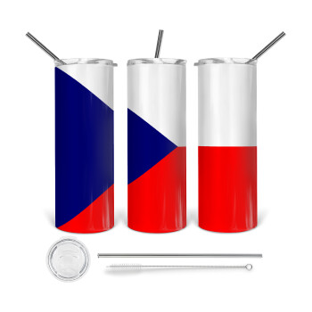 Czechia flag, 360 Eco friendly ποτήρι θερμό (tumbler) από ανοξείδωτο ατσάλι 600ml, με μεταλλικό καλαμάκι & βούρτσα καθαρισμού