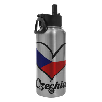 Czechia flag, Metal mug thermo Silver with Straw and Spout Lid (Stainless steel), double wall, 950ml