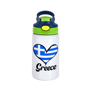 Greece flag, Children's hot water bottle, stainless steel, with safety straw, green, blue (350ml)