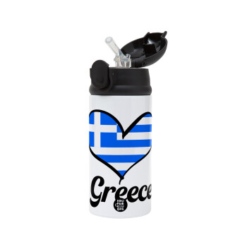 Greece flag, Children's hot water bottle, stainless steel, with safety straw, Black (360ml) BPA-FREE