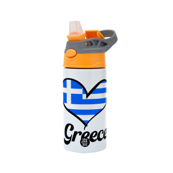 Greece flag, Children's hot water bottle, stainless steel, with safety straw, Orange/Grey (360ml) BPA-FREE