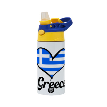 Greece flag, Children's hot water bottle, stainless steel, with safety straw, green, blue (360ml) BPA FREE