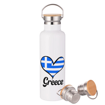 Greece flag, Stainless steel White with wooden lid (bamboo), double wall, 750ml