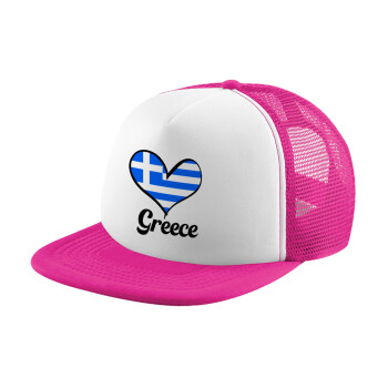 Greece flag, Adult Soft Trucker Hat with Pink/White Mesh (POLYESTER, ADULT, UNISEX, ONE SIZE)