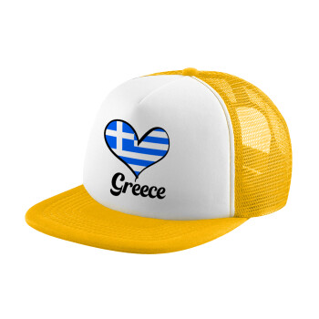 Greece flag, Καπέλο Ενηλίκων Soft Trucker με Δίχτυ Κίτρινο/White (POLYESTER, ΕΝΗΛΙΚΩΝ, UNISEX, ONE SIZE)