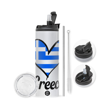 Greece flag, Travel Tumbler θερμό με διπλό καπάκι, μεταλλικό καλαμάκι και βούρτσα καθαρισμού (Ανωξείδωτο 304 Food grade, BPA free, 600ml)